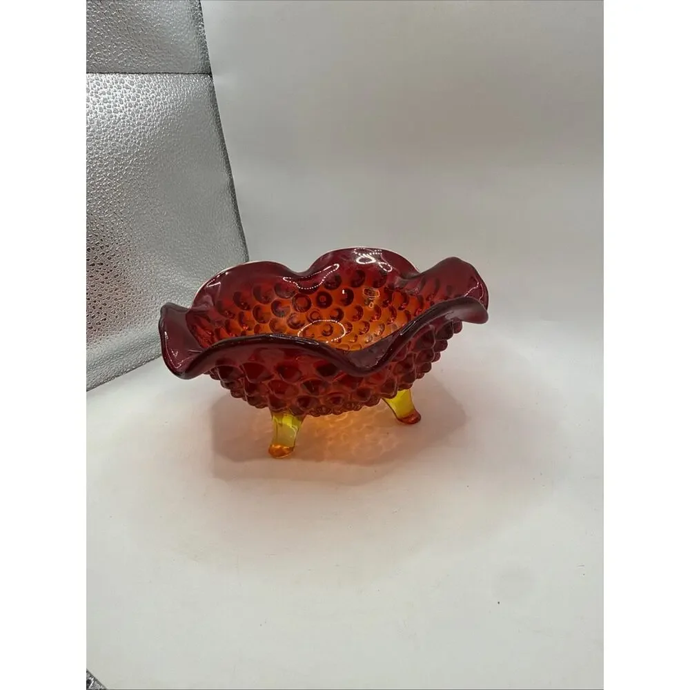 Vtg Fenton Amberina Red Orange Art Glass Hobnail Ruffled Bowl Candy Dish Glows *